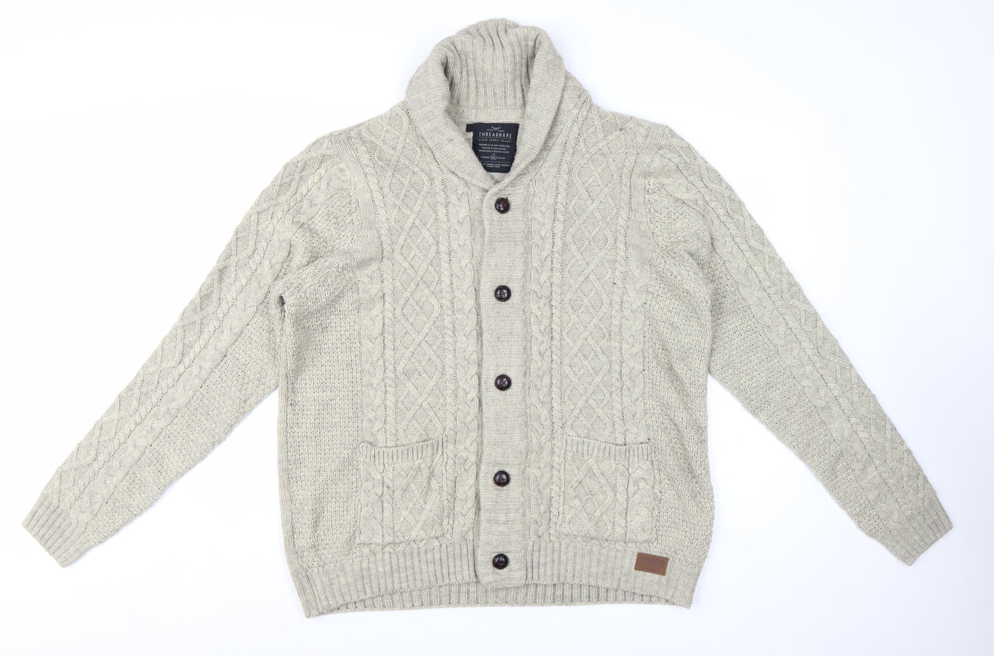 Threadbare Men's Beige Cable Knit Shawl Collar Cardigan 2XL