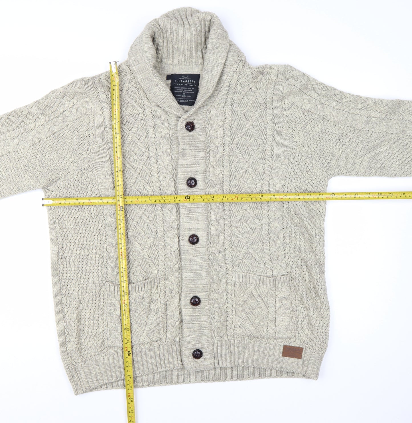 Threadbare Men's Beige Cable Knit Shawl Collar Cardigan 2XL