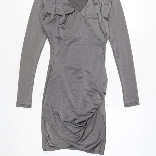 Boohoo Women Grey Bodycon Ruched V-Neck Long Sleeve Short Dress Size 6