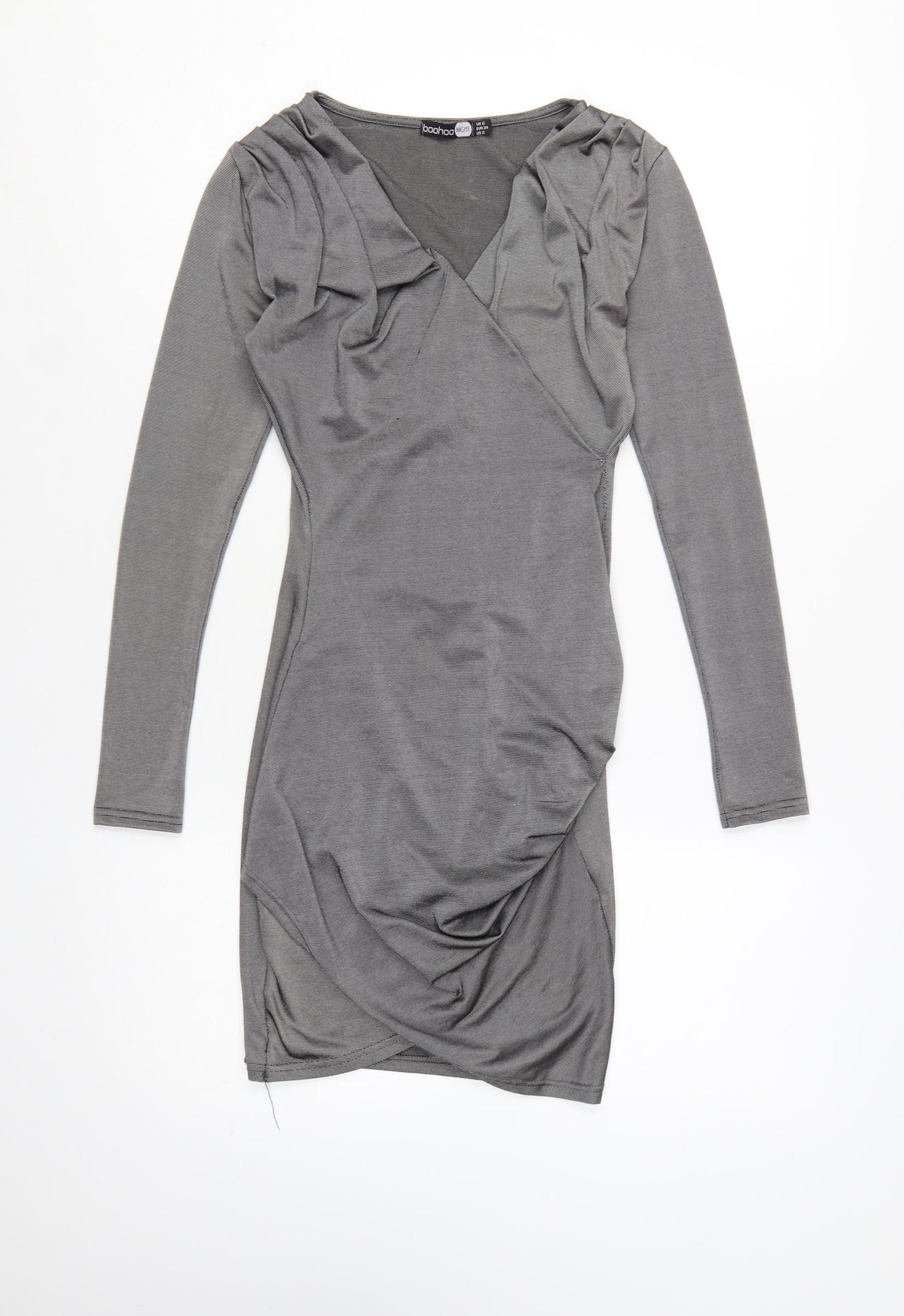 Boohoo Women Grey Bodycon Ruched V-Neck Long Sleeve Short Dress Size 6