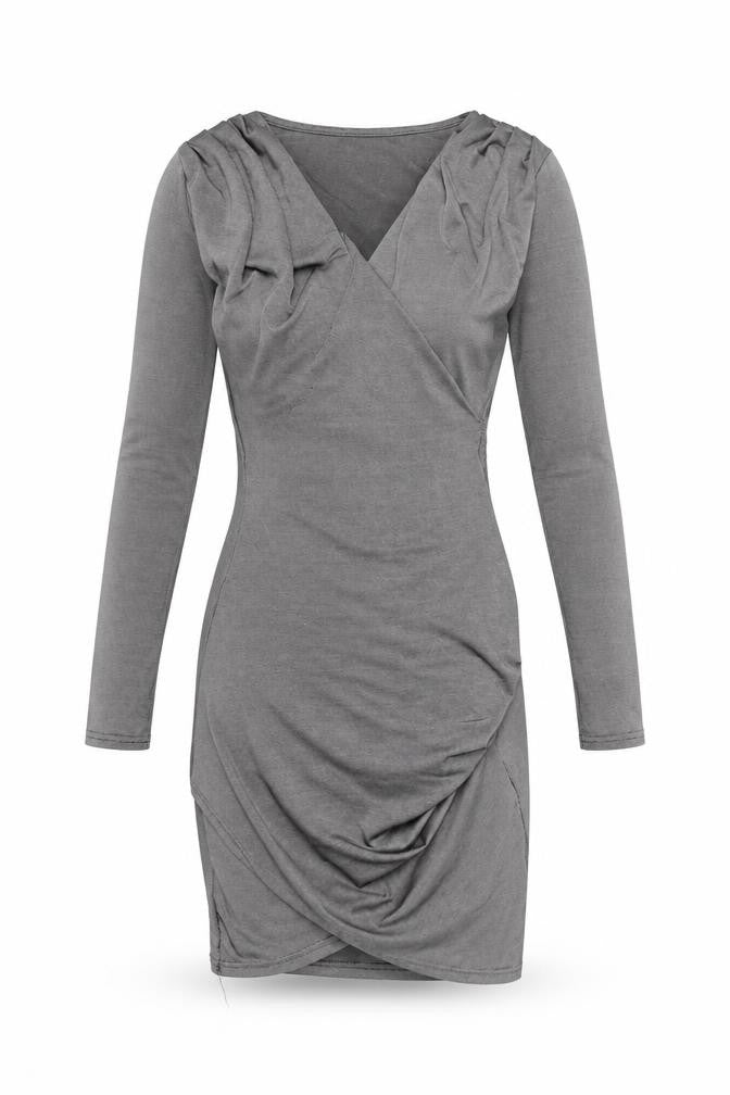 Boohoo Women Grey Bodycon Ruched V-Neck Long Sleeve Short Dress Size 6