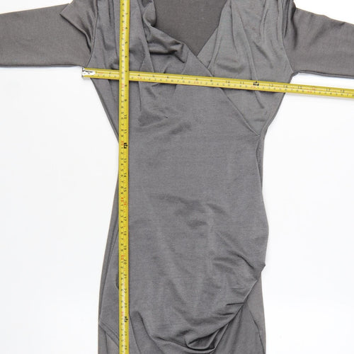 Boohoo Women Grey Bodycon Ruched V-Neck Long Sleeve Short Dress Size 6