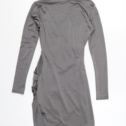 Boohoo Women Grey Bodycon Ruched V-Neck Long Sleeve Short Dress Size 6