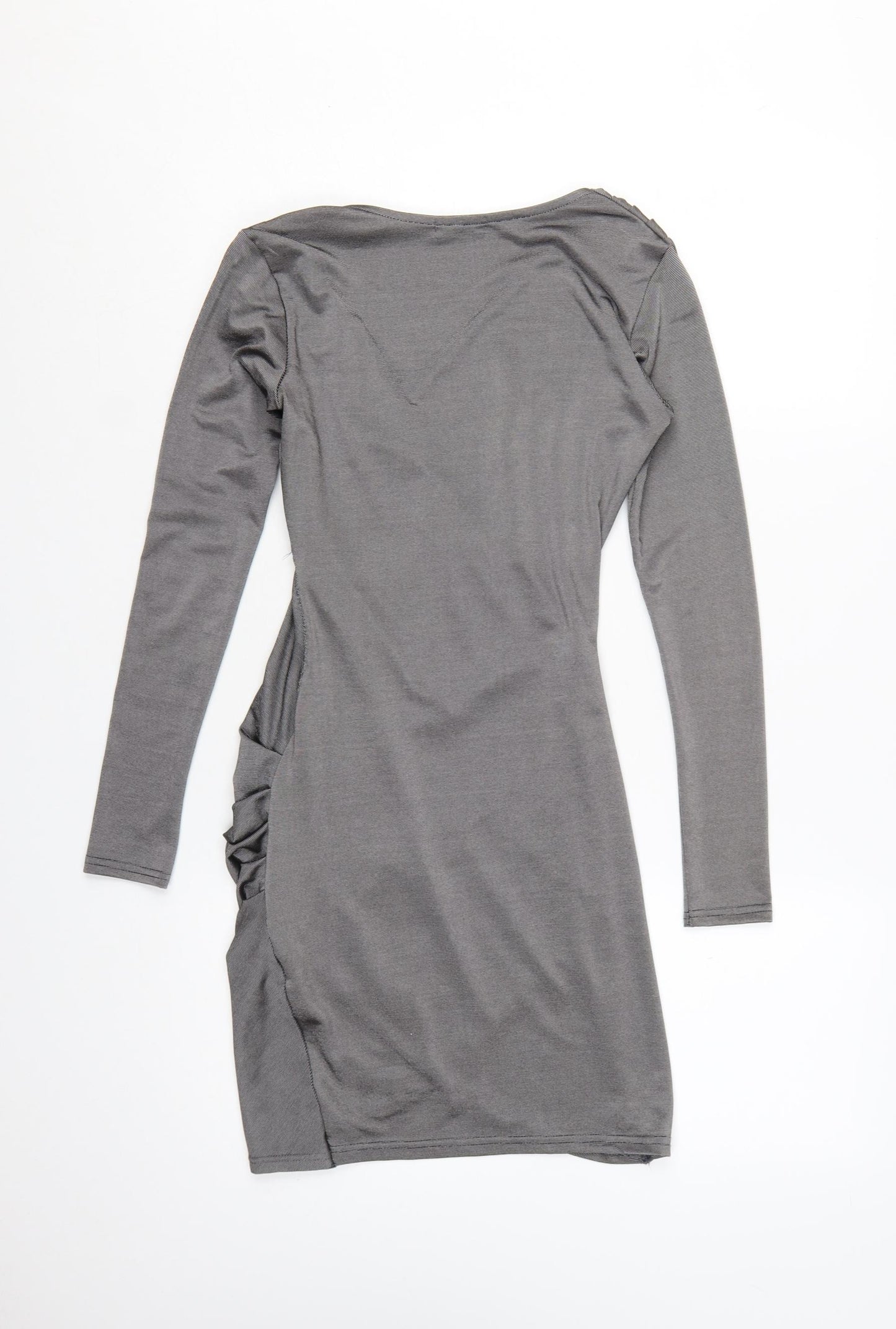 Boohoo Women Grey Bodycon Ruched V-Neck Long Sleeve Short Dress Size 6