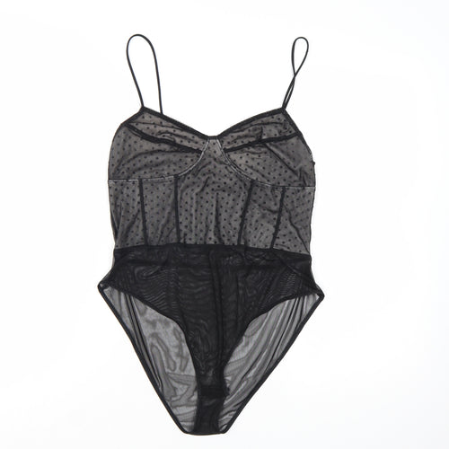 Topshop Women Black Mesh Sheer Bodysuit Size 14 Sweetheart Neck