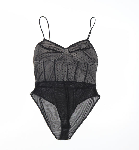 Topshop Women Black Mesh Sheer Bodysuit Size 14 Sweetheart Neck