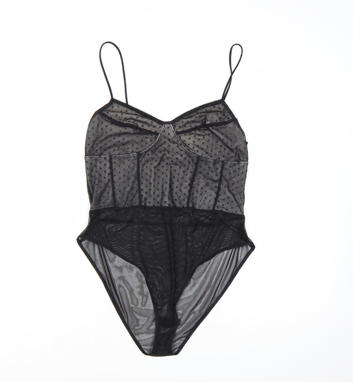 Topshop Women Black Mesh Sheer Bodysuit Size 14 Sweetheart Neck