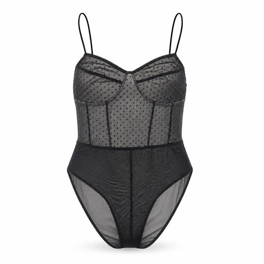 Topshop Women Black Mesh Sheer Bodysuit Size 14 Sweetheart Neck
