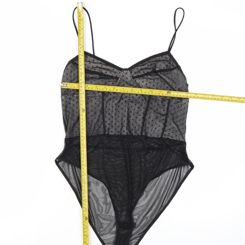 Topshop Women Black Mesh Sheer Bodysuit Size 14 Sweetheart Neck