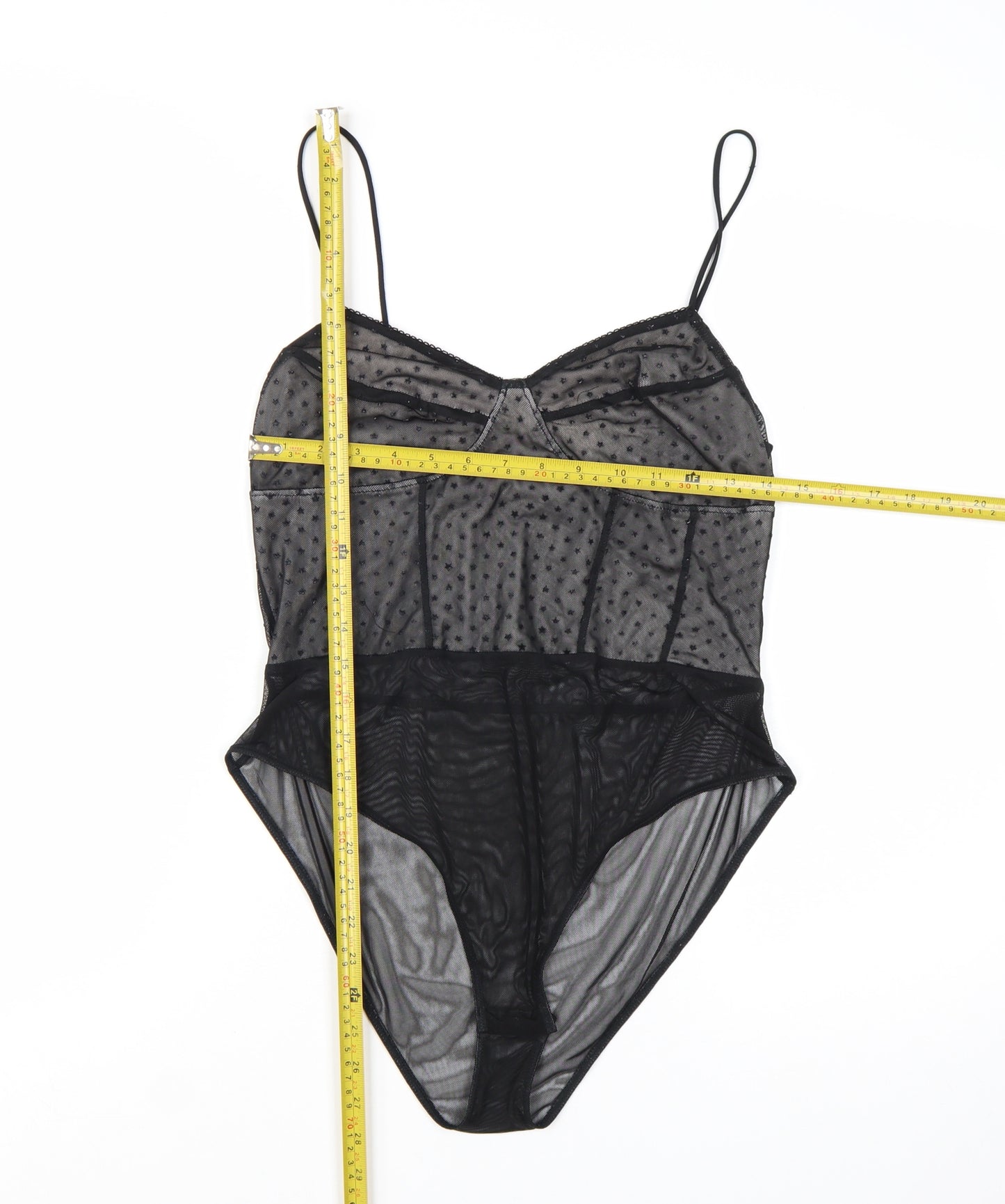 Topshop Women Black Mesh Sheer Bodysuit Size 14 Sweetheart Neck