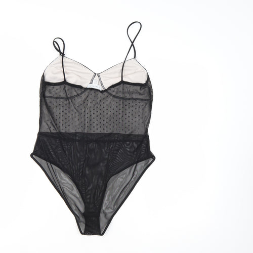 Topshop Women Black Mesh Sheer Bodysuit Size 14 Sweetheart Neck
