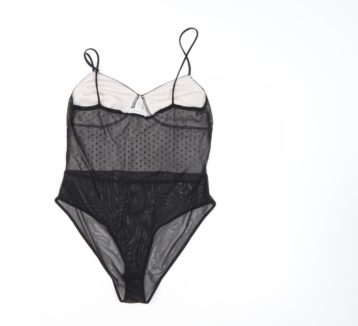 Topshop Women Black Mesh Sheer Bodysuit Size 14 Sweetheart Neck