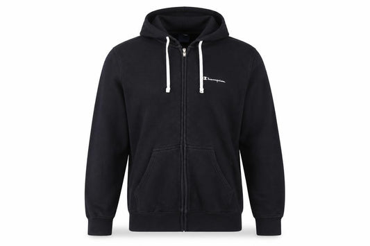 Front view of Champion Men's Black Full Zip Hoodie, size L, Fleece Sweatshirt