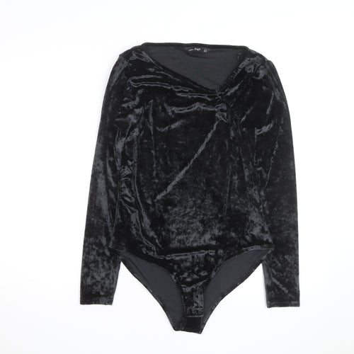 F&F Women Black Velvet Long Sleeve Bodysuit UK 14 V-Neck