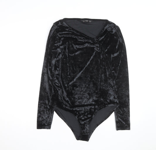 F&F Women Black Velvet Long Sleeve Bodysuit UK 14 V-Neck