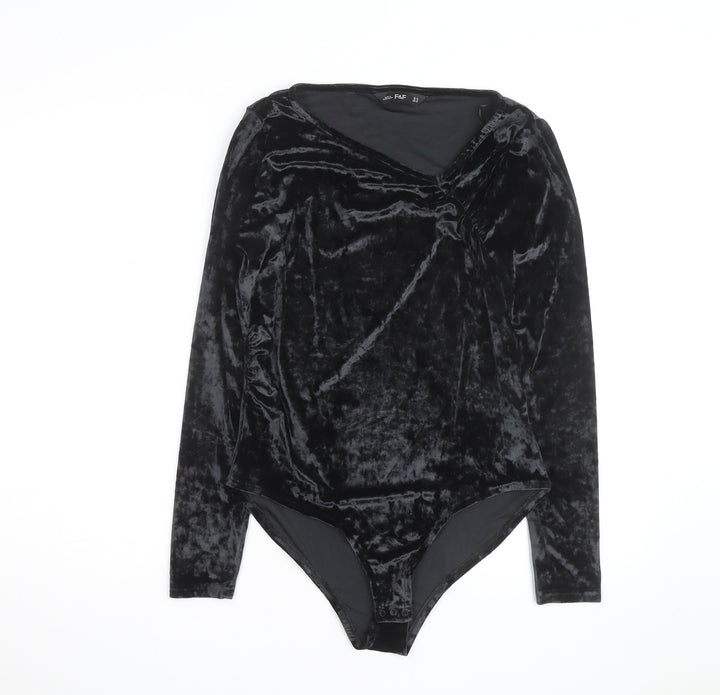 F&F Women Black Velvet Long Sleeve Bodysuit UK 14 V-Neck