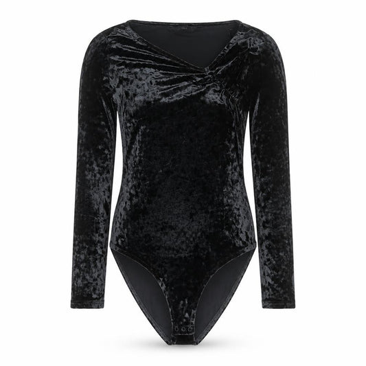 F&F Women Black Velvet Long Sleeve Bodysuit UK 14 V-Neck