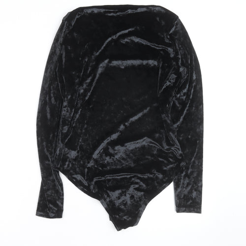 F&F Women Black Velvet Long Sleeve Bodysuit UK 14 V-Neck