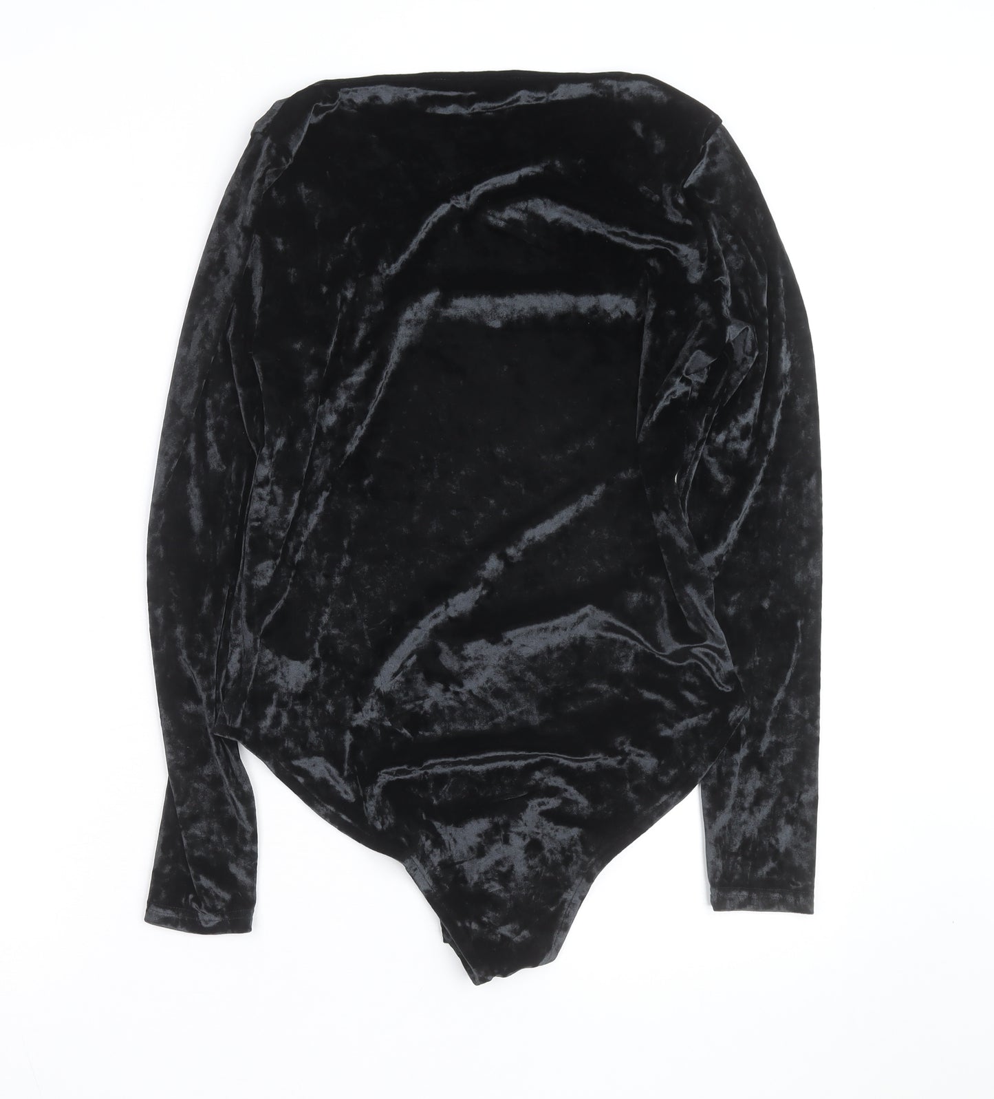 F&F Women Black Velvet Long Sleeve Bodysuit UK 14 V-Neck