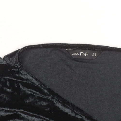 F&F Women Black Velvet Long Sleeve Bodysuit UK 14 V-Neck