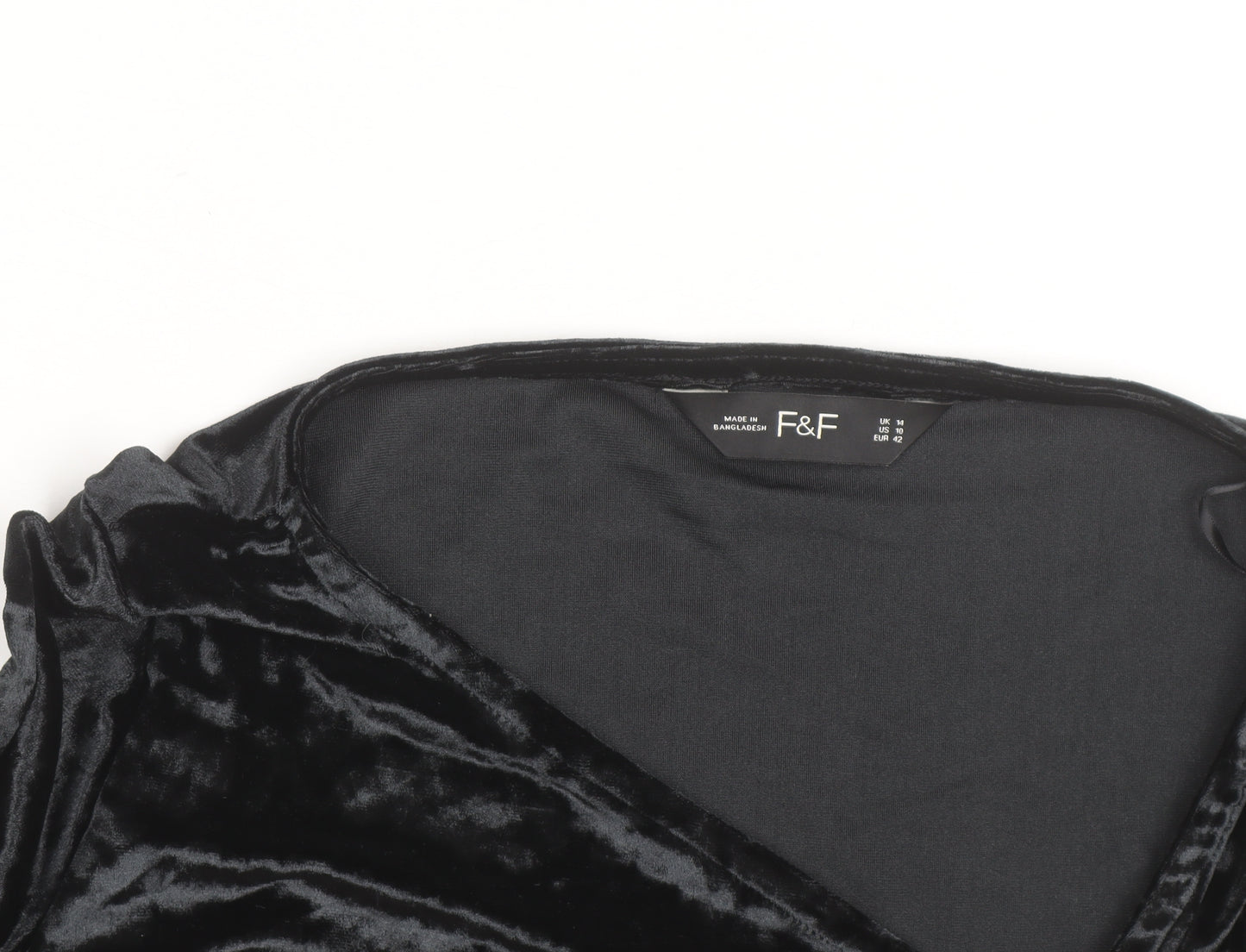F&F Women Black Velvet Long Sleeve Bodysuit UK 14 V-Neck