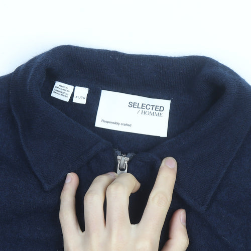 Selected Homme Men's Navy Blue XL Wool Full Zip Collared Jumper