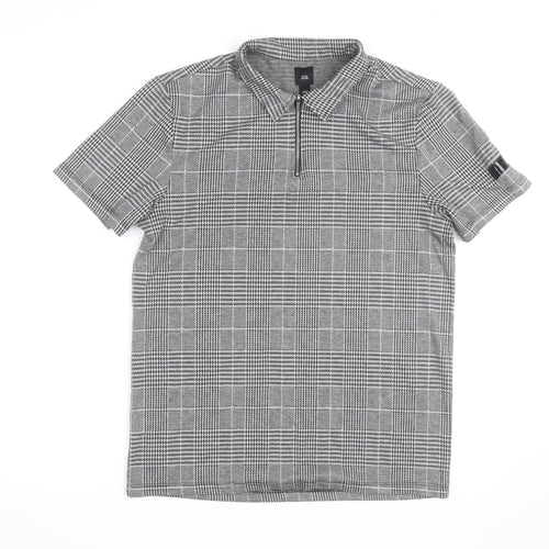 River Island Men's Grey Check Zip Polo Shirt Slim Fit M