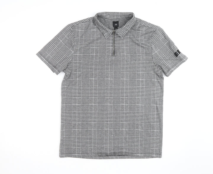 River Island Men's Grey Check Zip Polo Shirt Slim Fit M