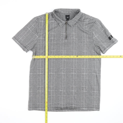 River Island Men's Grey Check Zip Polo Shirt Slim Fit M