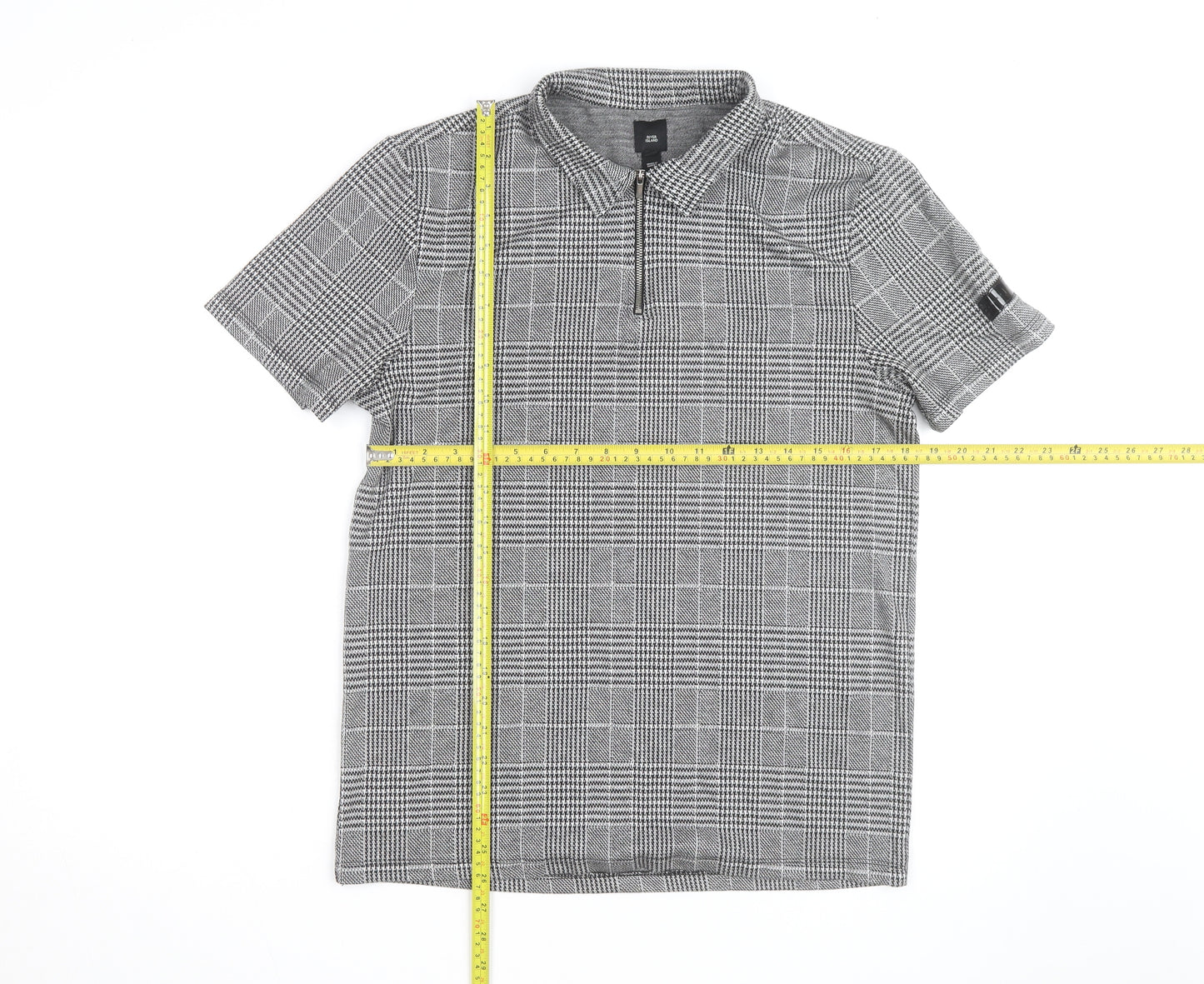 River Island Men's Grey Check Zip Polo Shirt Slim Fit M