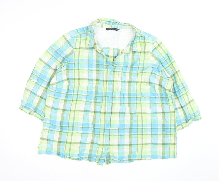 Bm Casual Women Multicoloured Check Linen Blend 3/4 Sleeve Button-Up Shirt Size 22