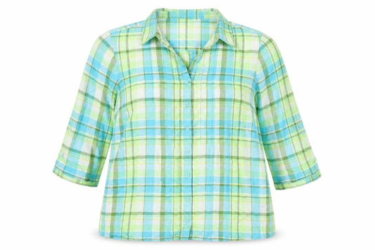 Front view of Bonmarché Women Multicoloured Check Linen Blend 3/4 Sleeve Button-Up Shirt, size 22
