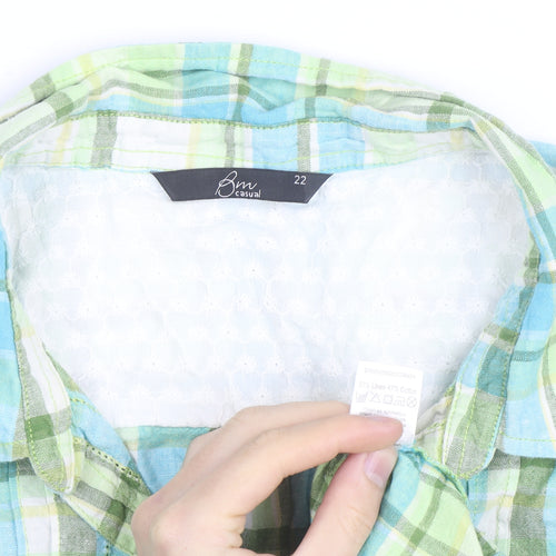 Bm Casual Women Multicoloured Check Linen Blend 3/4 Sleeve Button-Up Shirt Size 22