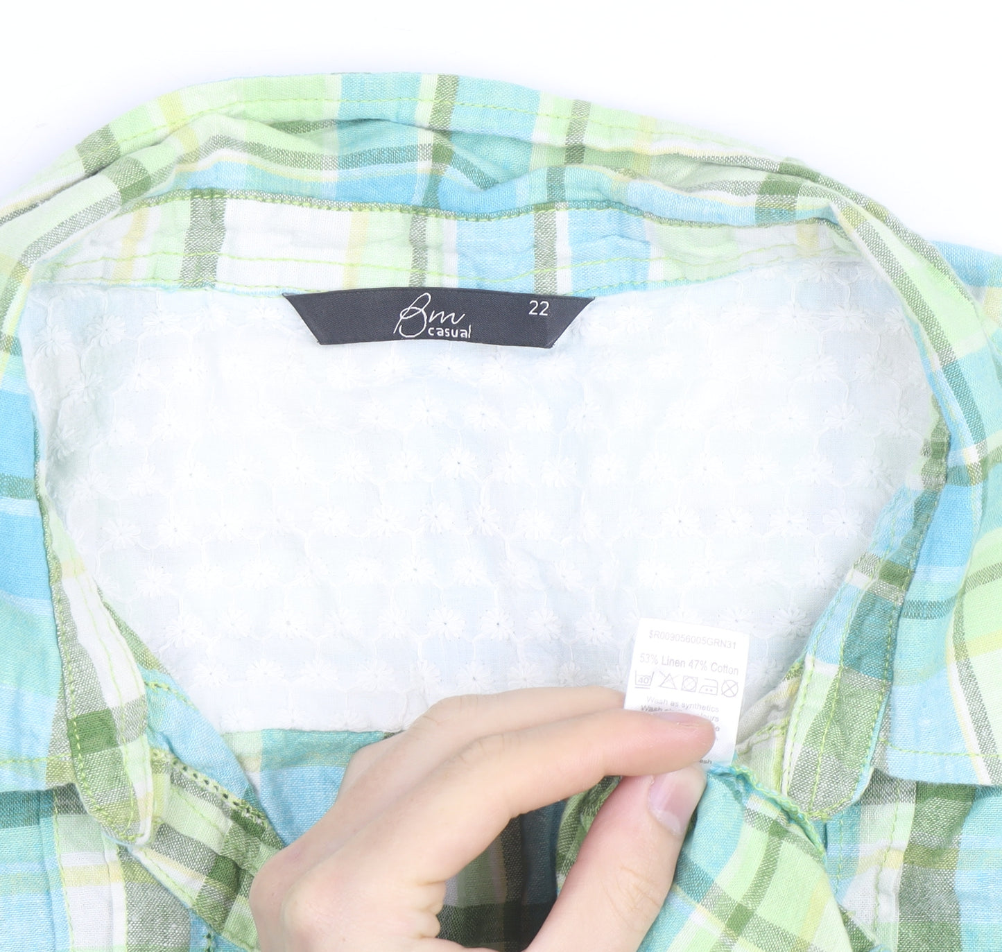 Bm Casual Women Multicoloured Check Linen Blend 3/4 Sleeve Button-Up Shirt Size 22