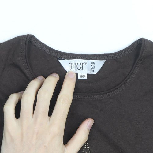 Tigi Wear Women's Brown Beaded 3/4 Sleeve Cotton T-Shirt Size 10