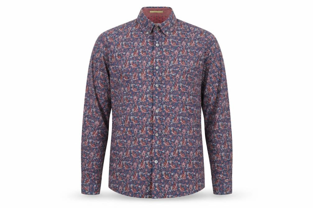 Front view of Ted Baker Men's Blue Red Paisley Button-Up Cotton Shirt, size S