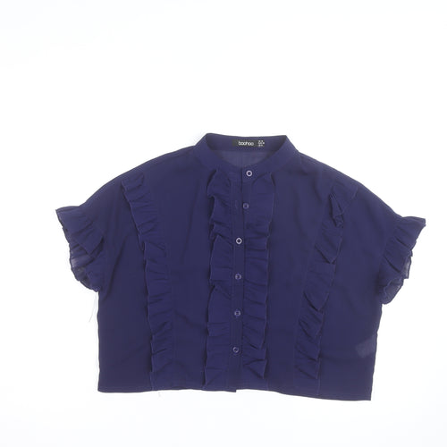 Boohoo Women Blue Ruffle Short Sleeve Cropped Blouse UK 10