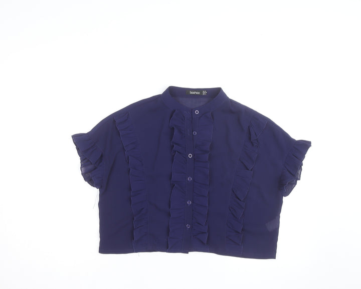 Boohoo Women Blue Ruffle Short Sleeve Cropped Blouse UK 10