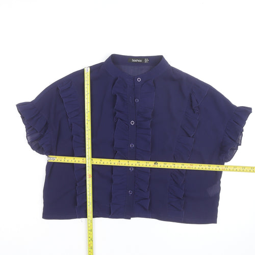 Boohoo Women Blue Ruffle Short Sleeve Cropped Blouse UK 10