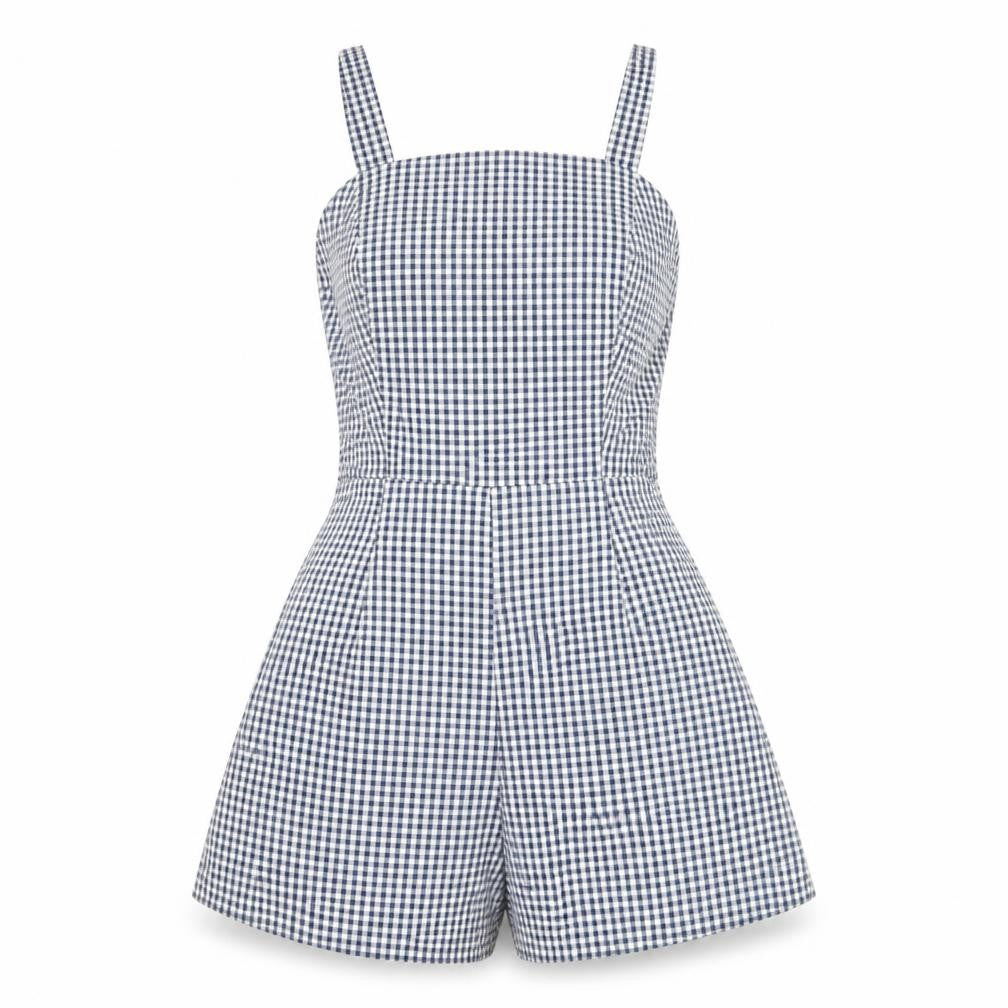 New Look Women's Blue Gingham Check Cotton Sleeveless Playsuit UK 8