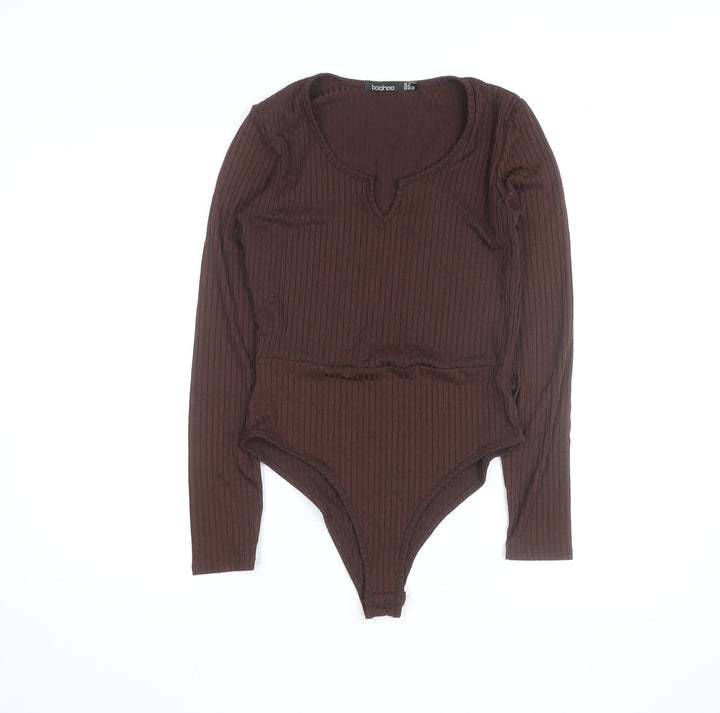 Boohoo Women Brown Ribbed Long Sleeve Bodysuit Size 8
