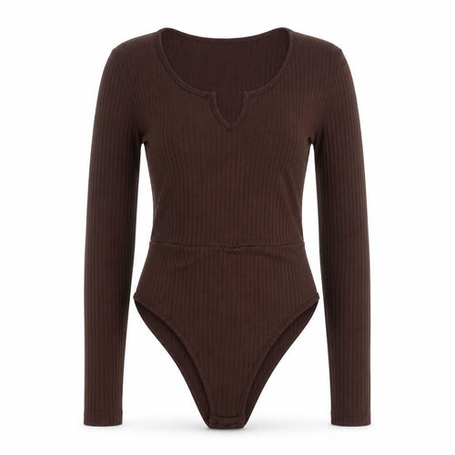 Boohoo Women Brown Ribbed Long Sleeve Bodysuit Size 8