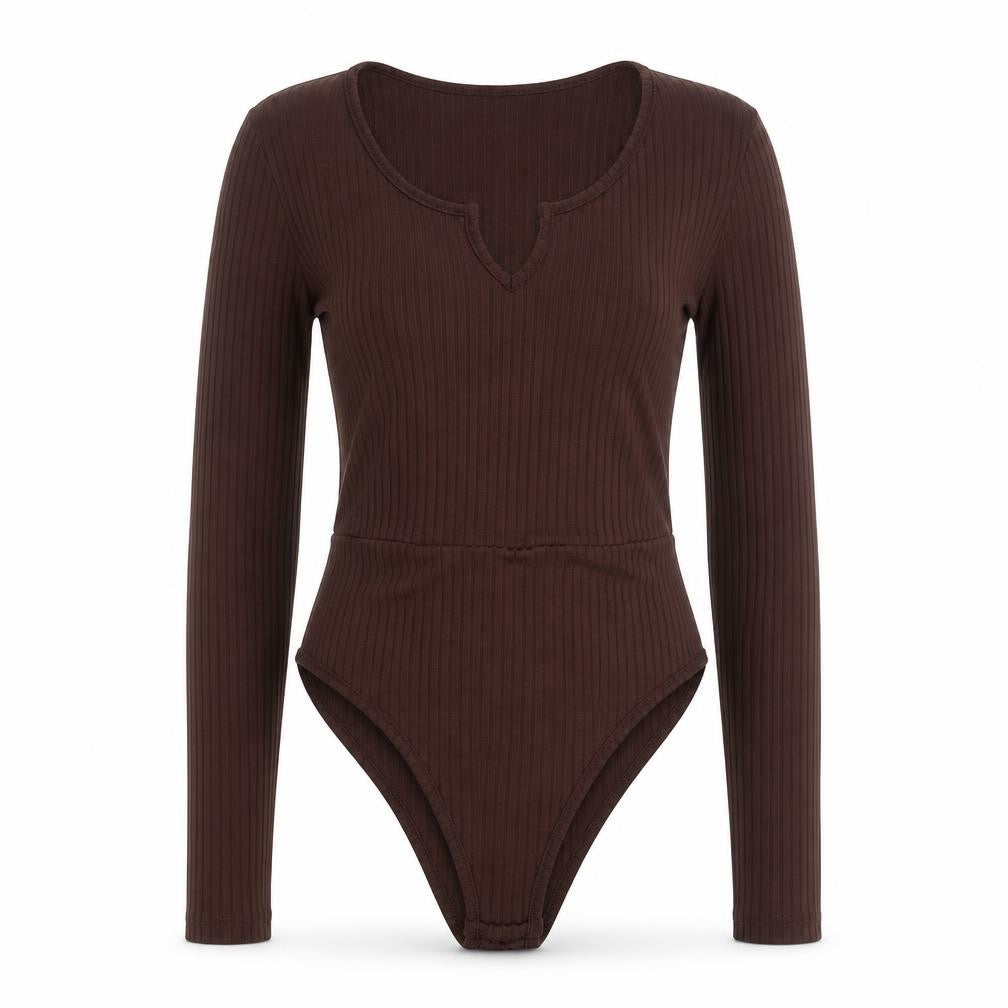 Boohoo Women Brown Ribbed Long Sleeve Bodysuit Size 8