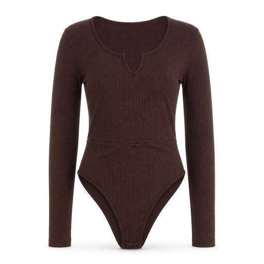 Boohoo Women Brown Ribbed Long Sleeve Bodysuit Size 8
