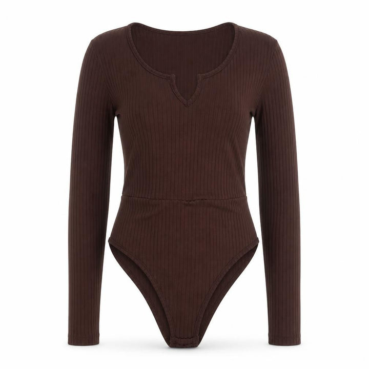 Boohoo Women Brown Ribbed Long Sleeve Bodysuit Size 8