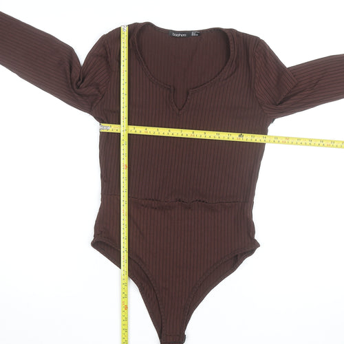 Boohoo Women Brown Ribbed Long Sleeve Bodysuit Size 8