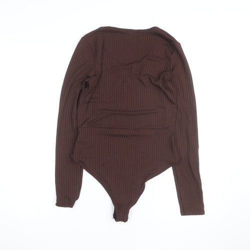 Boohoo Women Brown Ribbed Long Sleeve Bodysuit Size 8