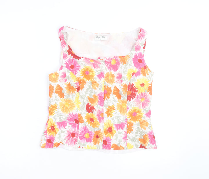 Kaliko Women’s Multicoloured Floral Linen Blend Sleeveless Blouse Size 14
