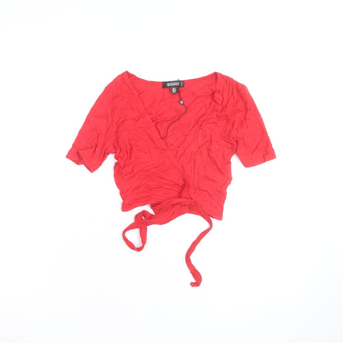 Missguided Womens Red Wrap Tie Blouse UK 4 V-Neck Short Sleeve Top