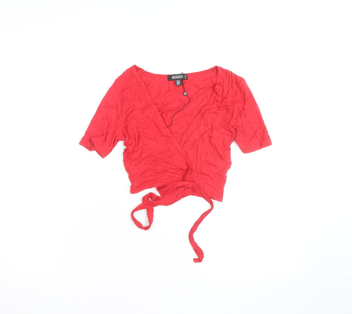 Missguided Womens Red Wrap Tie Blouse UK 4 V-Neck Short Sleeve Top